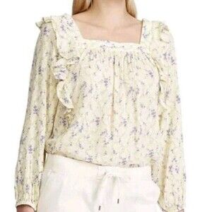 Chaps Womens Squareneck Ruffle Top Blouse Yellow Lilac Floral Gauze Size S